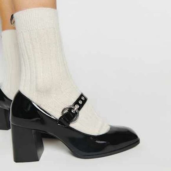 Reformation Naima Mary Jane Heels NEW Black Patent Leather Stacked Heels Size 8 - Picture 1 of 7